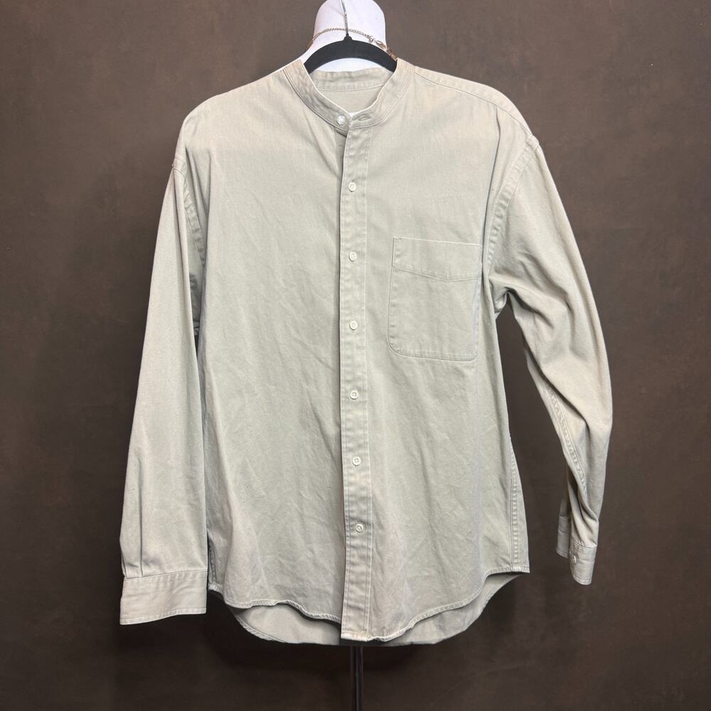 Eddie Bauer Band Collar Shirt Men M Tan Green Cotton Long Sleeve Casual